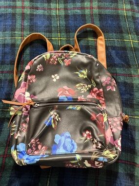 American Eagle Outfitters Black Floral Backpack with Tan Straps
